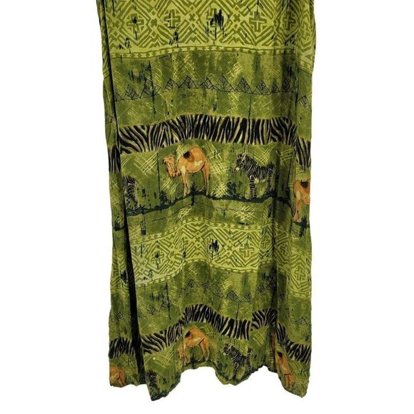 Vintage 80's La Cera Dress Rayon Scoop Button Shift Midi Safari Animals Green XL - Picture 12 of 15